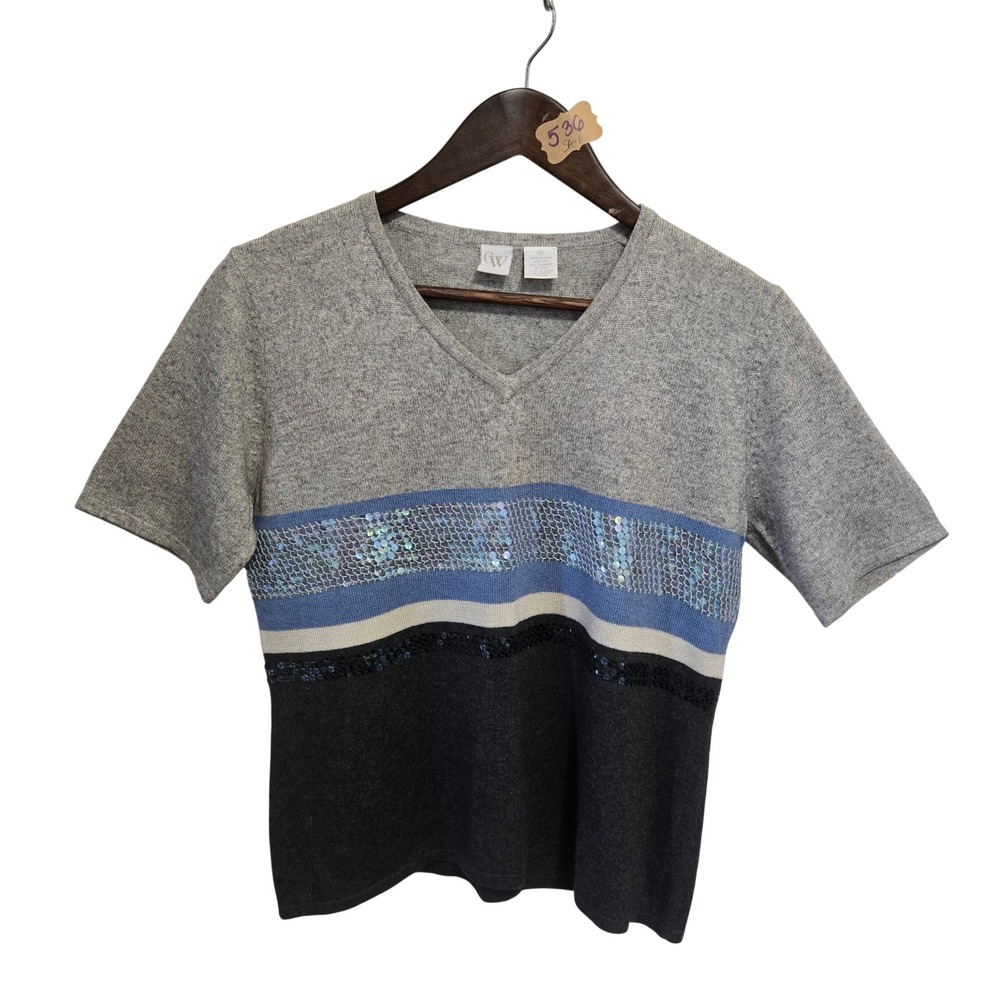 CW Silk Cashmere V-Neck Sequin Colorblock Short Sleeve Sweater Grey Blue M 26460